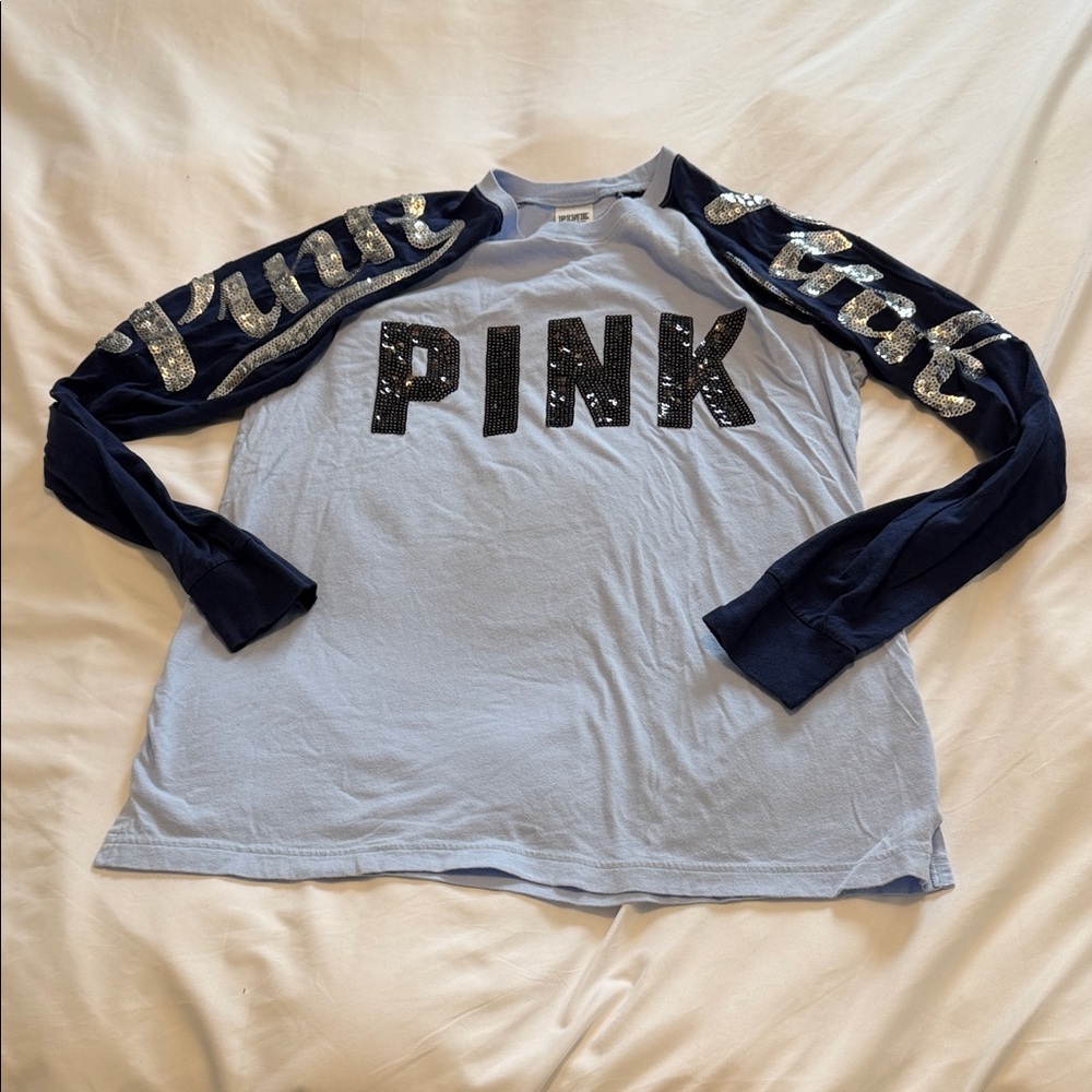 PINK Victoria's Secret Kids Long Sleeve Tee - Light Blue and Navy SMALL